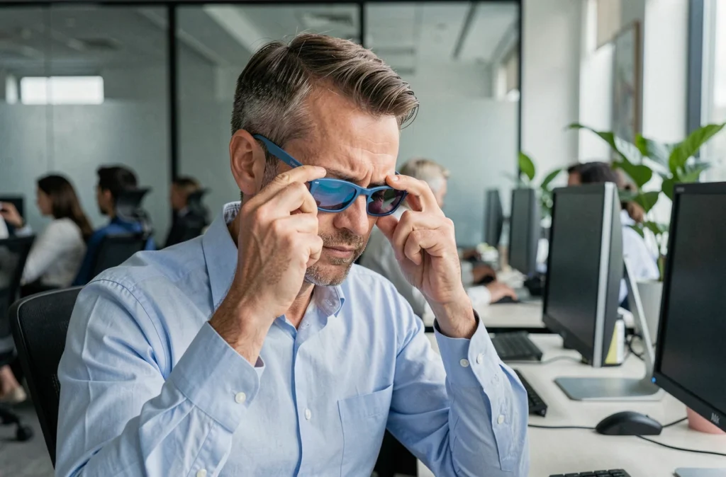 Homme en pause visuelle tenant des lunettes anti-lumière bleue dans un bureau en open space