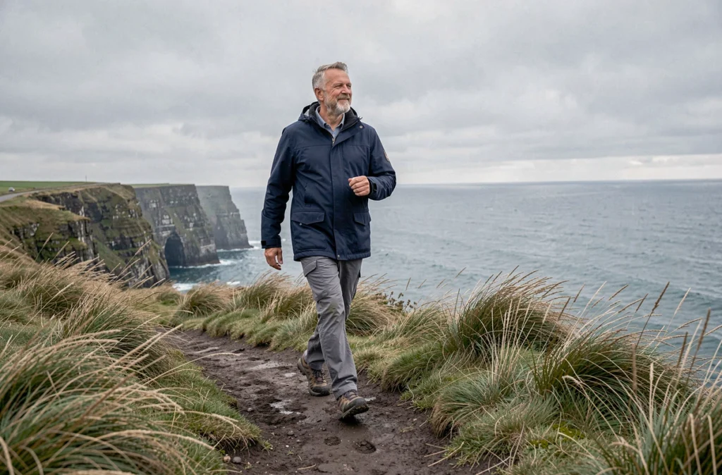 Homme senior marchant sur un sentier côtier face à la mer, illustrant l'effet bénéfique de la marche en plein air sur le bien-être mental