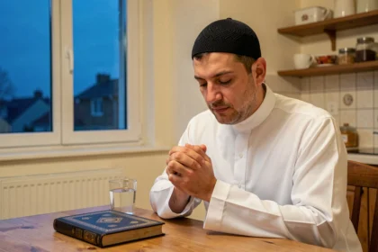 Homme musulman en prière avant l'heure de l'imsak dans une cuisine française à l'aube