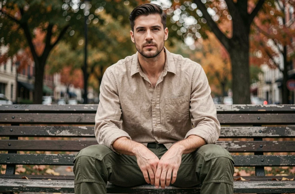 Homme en pantalon cargo vert olive assis sur un banc de parc en automne, look streetwear décontracté tendance mode homme