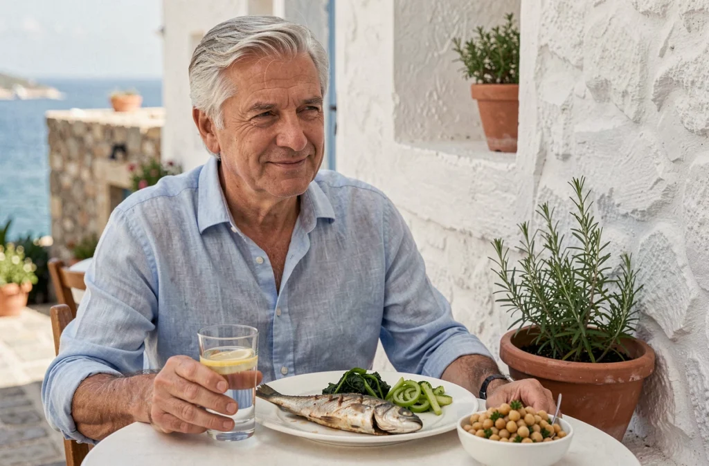 Homme âgé savourant un repas méditerranéen équilibré à base de poisson grillé et de légumineuses dans un café en plein air