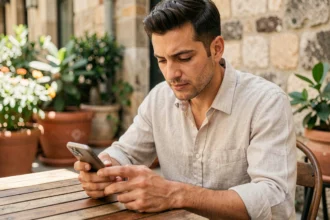 Homme en train de rédiger un message de Saha Ftourek sur son smartphone en terrasse pendant le Ramadan