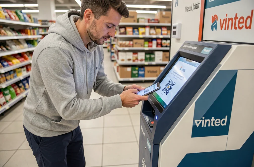 Homme scannant un QR code sur un kiosque de dépôt de colis Vinted Go en supermarché