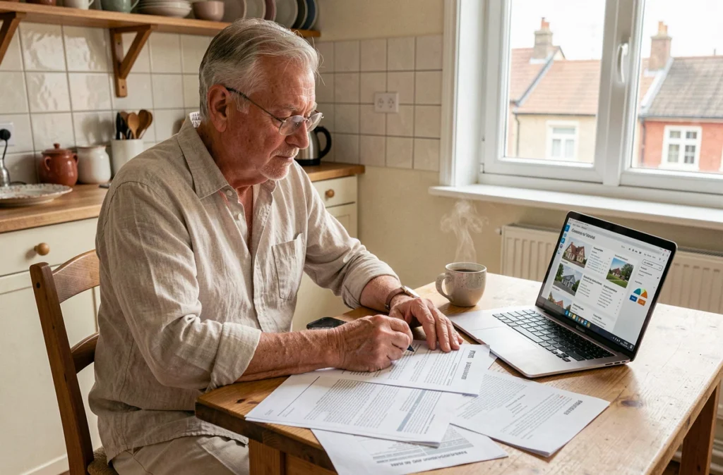 Un homme senior analyse des documents immobiliers liés au marché du viager depuis chez lui, entouré de fiches de propriétés et d'un ordinateur portable.