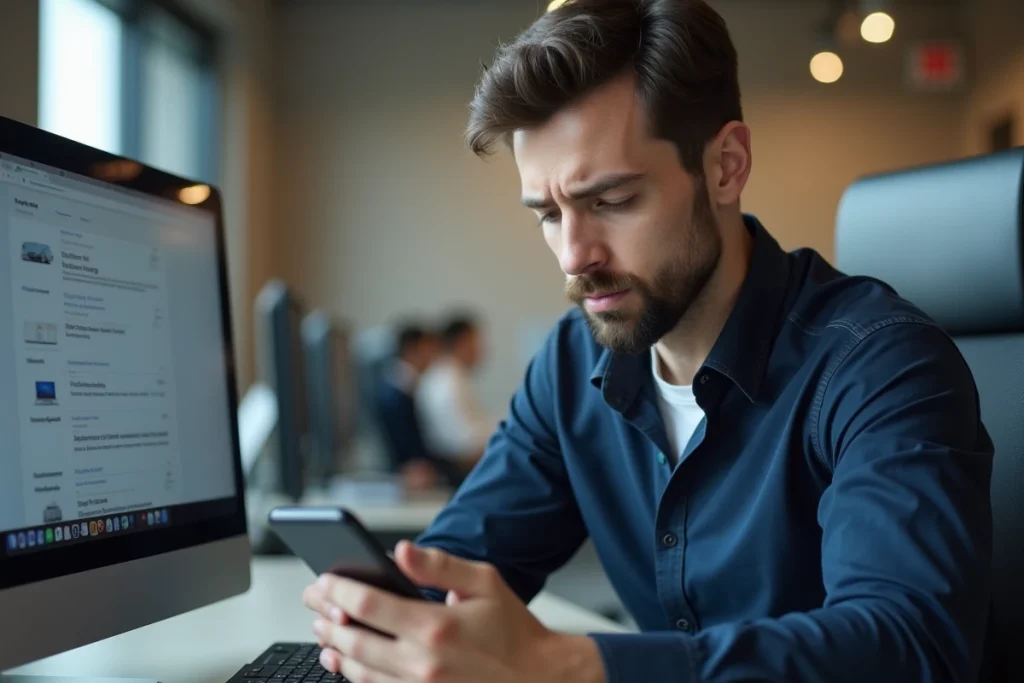 Jeune homme stressé vérifiant son téléphone après une tentative d'arnaque sur une plateforme de petites annonces