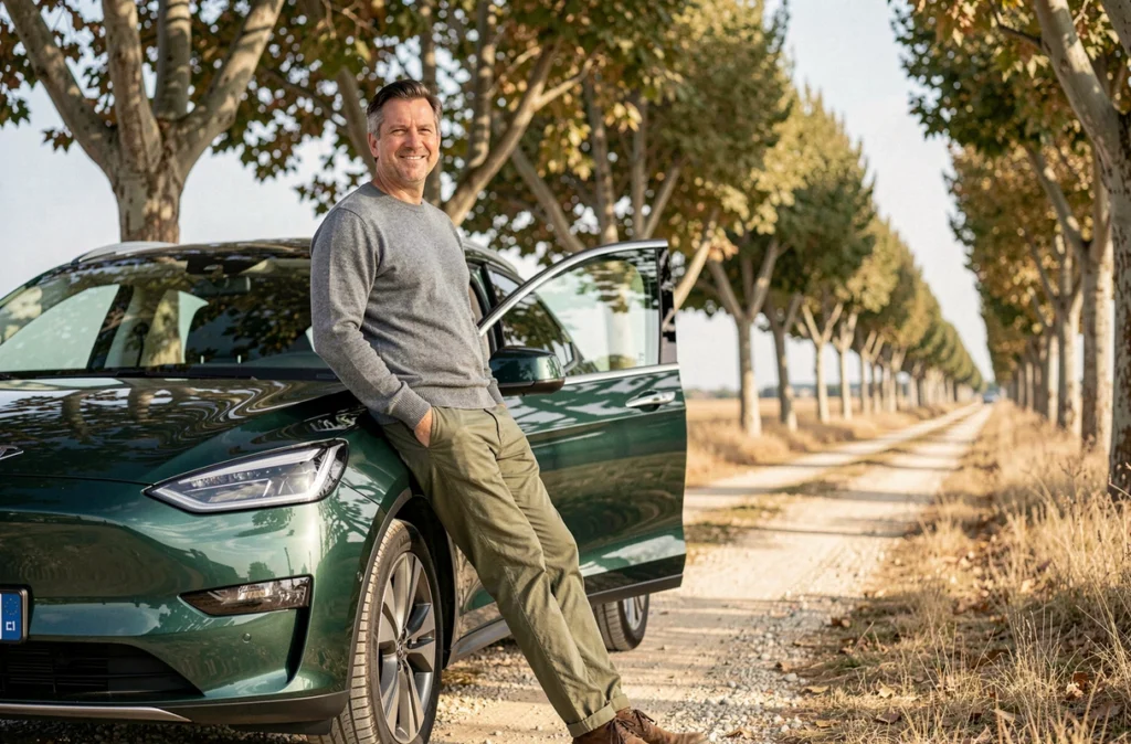 Homme français appuyé sur un SUV électrique vert sur une route de campagne provençale bordée de platanes