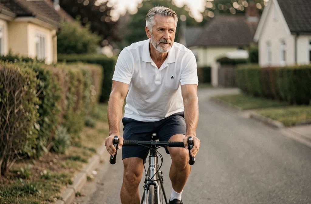 Homme de 55 ans faisant du vélo dans une rue calme, activité physique régulière associée à la prévention du diabète de type 2
