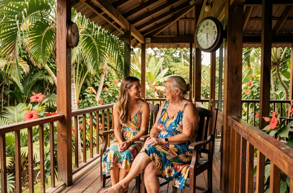 Deux femmes de générations différentes regardant une horloge sur la véranda d'un bungalow tropical en Nouvelle-Calédonie pendant les grandes vacances