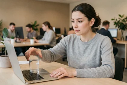 Femme adulte concentrée au bureau attrapant un verre d'eau pendant le travail pour maintenir sa concentration