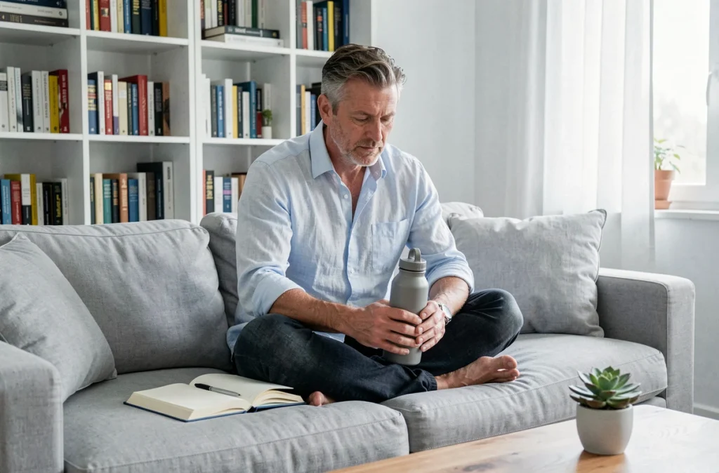 Homme adulte réfléchissant à domicile avec une bouteille d'eau réutilisable, associant hydratation et concentration mentale