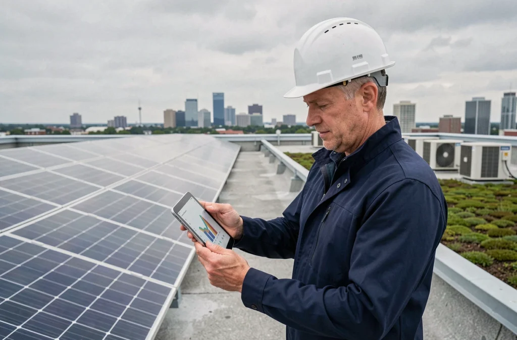 Ingénieur sur un toit de bâtiment commercial équipé de panneaux solaires contrôlant les données de production d'énergie renouvelable