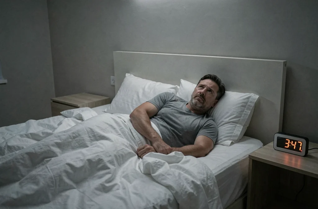 Homme allongé dans son lit les yeux ouverts à 3h47 du matin, incapable de dormir, symbolisant l'insomnie et le sommeil irrégulier affectant la mémoire