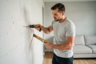 Homme installant une cheville murale avec une perceuse pour monter une étagère modulable dans un salon moderne