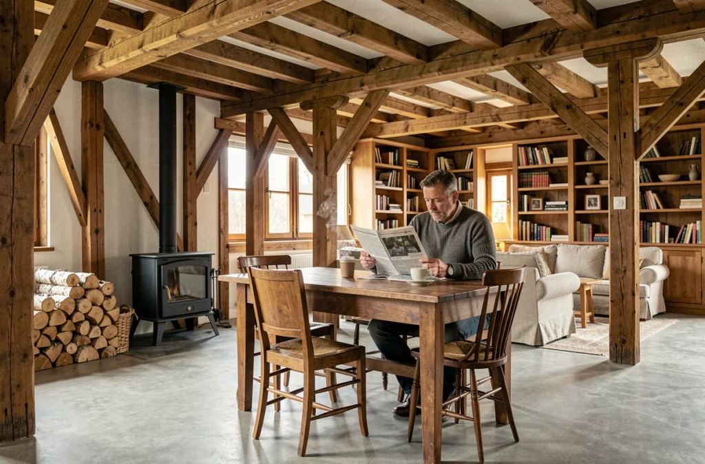 Intérieur chaleureux d'une maison à ossature bois avec poutres apparentes et poêle à bois en zone rurale