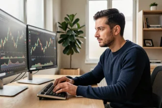 Jeune investisseur particulier analysant des graphiques de cryptomonnaies sur un double écran dans un bureau à domicile moderne
