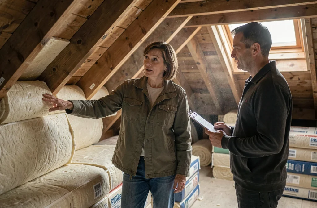 Propriétaire présentant l'isolation des combles à un inspecteur lors d'une rénovation énergétique
