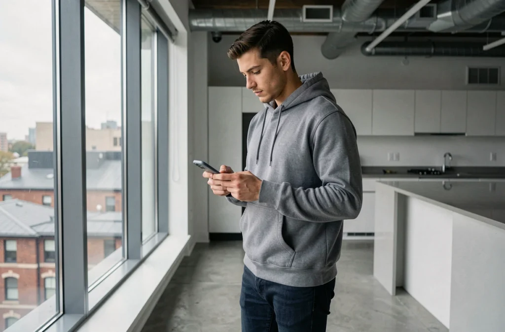 Jeune actif urbain signant un contrat d'assurance habitation sur smartphone dans un appartement minimaliste