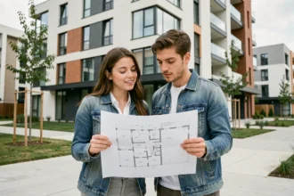Jeune couple primo-accédant devant une résidence neuve, consultant des plans immobiliers
