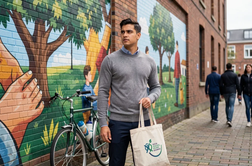 Jeune diplômé posant devant une fresque murale urbaine à thème social et environnemental, représentant l'attrait de la nouvelle génération pour les entreprises à mission et à impact positif