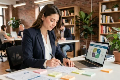 Jeune diplômée examinant un rapport RSE dans un espace de coworking moderne, illustrant l'engagement des jeunes professionnels envers des entreprises socialement responsables