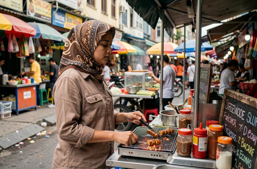 Jeune entrepreneuse gérant son stand de street food sur un marché urbain grâce au microcrédit