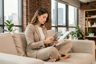 Jeune femme active consultant son assurance habitation sur une tablette dans un appartement urbain moderne