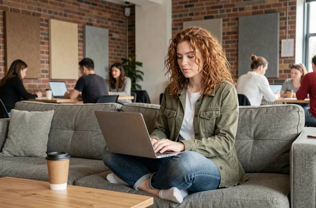 Jeune salariée en télétravail partiel dans un espace de coworking, illustrant la flexibilité du travail hybride dans les PME