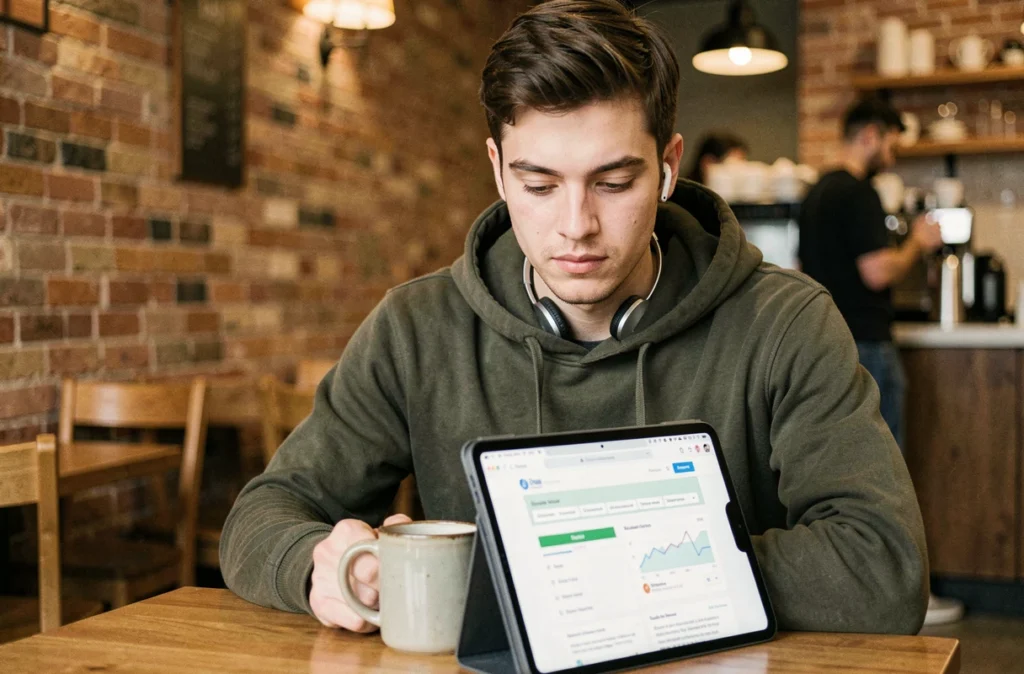 Jeune utilisateur lisant des avis et comparatifs sur Kaliscan depuis une tablette dans un café