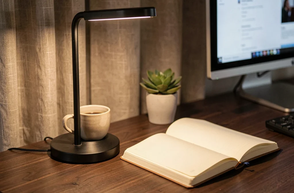 Gros plan sur une lampe de bureau LED noire posée sur un bureau en noyer avec carnet, mug et plante succulente dans un espace de travail à domicile