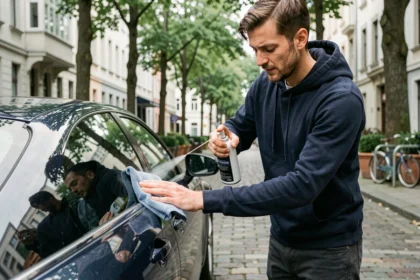 Homme appliquant un produit de lavage sans eau sur une voiture bleue dans une rue pavée de la ville