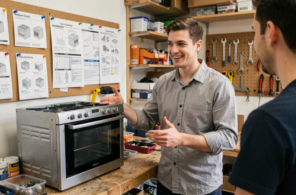 Technicien du Petit Réparateur conseillant un client dans son atelier de réparation parisien