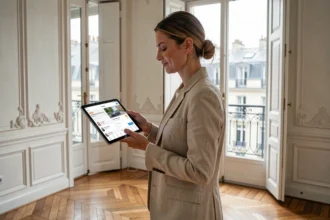 Femme consultant une application de location saisonnière dans un appartement haussmannien parisien avec parquet en point de Hongrie