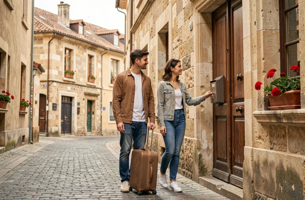 Couple arrivant dans une location saisonnière dans le Vieux-Lyon avec valises et boîte à clés sécurisée