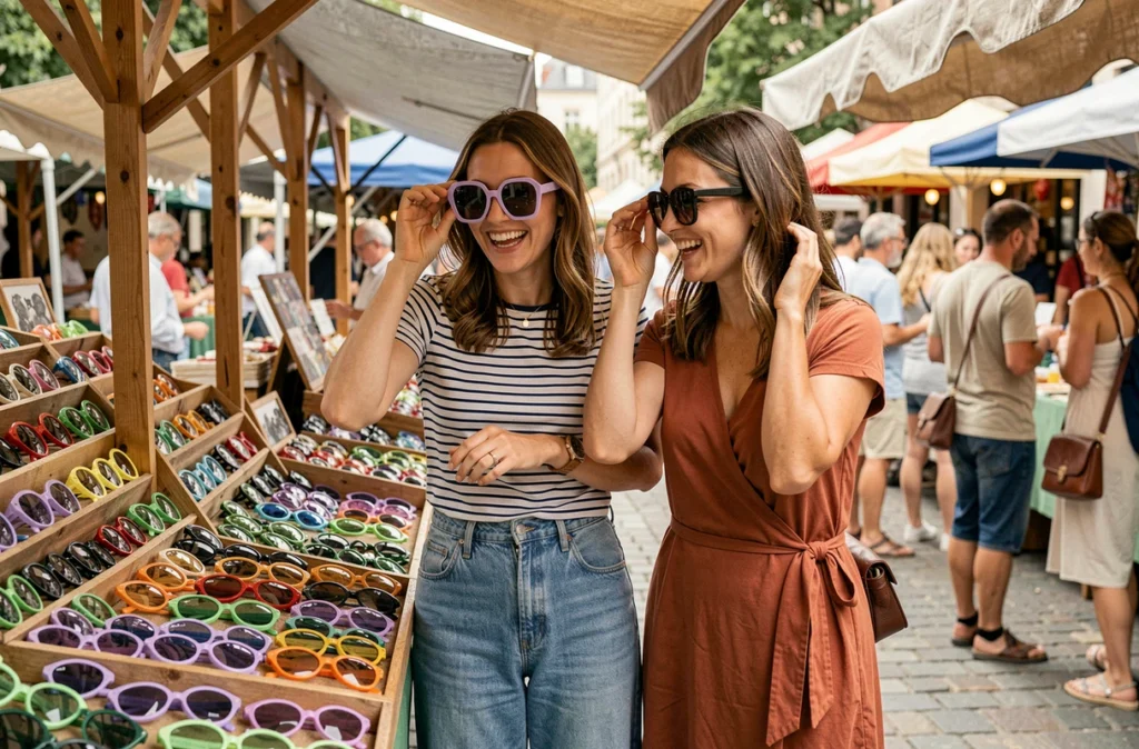 Deux femmes riant devant un étal de marché plein de lunettes de soleil colorées en été