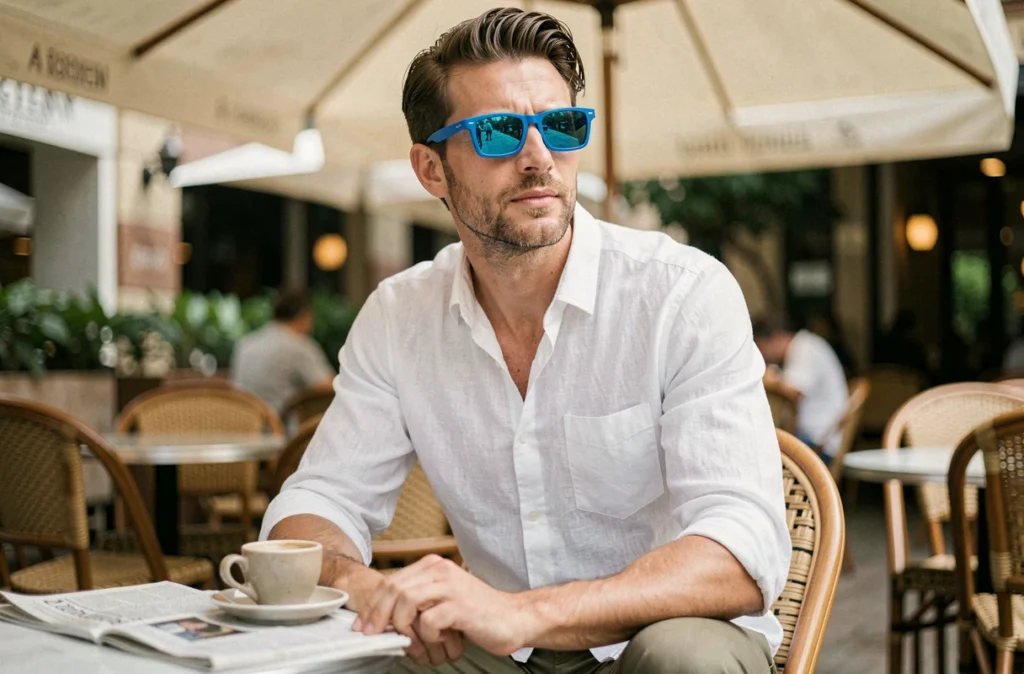 Homme élégant avec lunettes de soleil rectangulaires bleues assis à la terrasse d'un café parisien