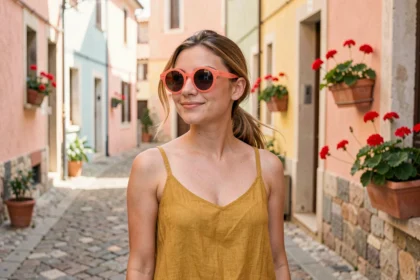 Jeune femme portant des lunettes de soleil rondes corail oversize dans une rue pavée méditerranéenne ensoleillée