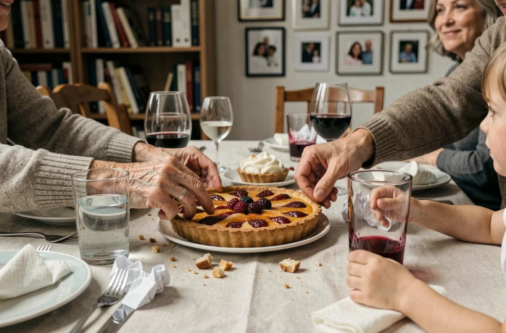 Mains de trois générations réunies autour d'un dessert partagé lors d'un repas de famille convivial