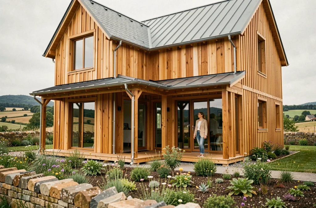Maison à ossature bois achevée en milieu rural avec jardin et facade en bois naturel
