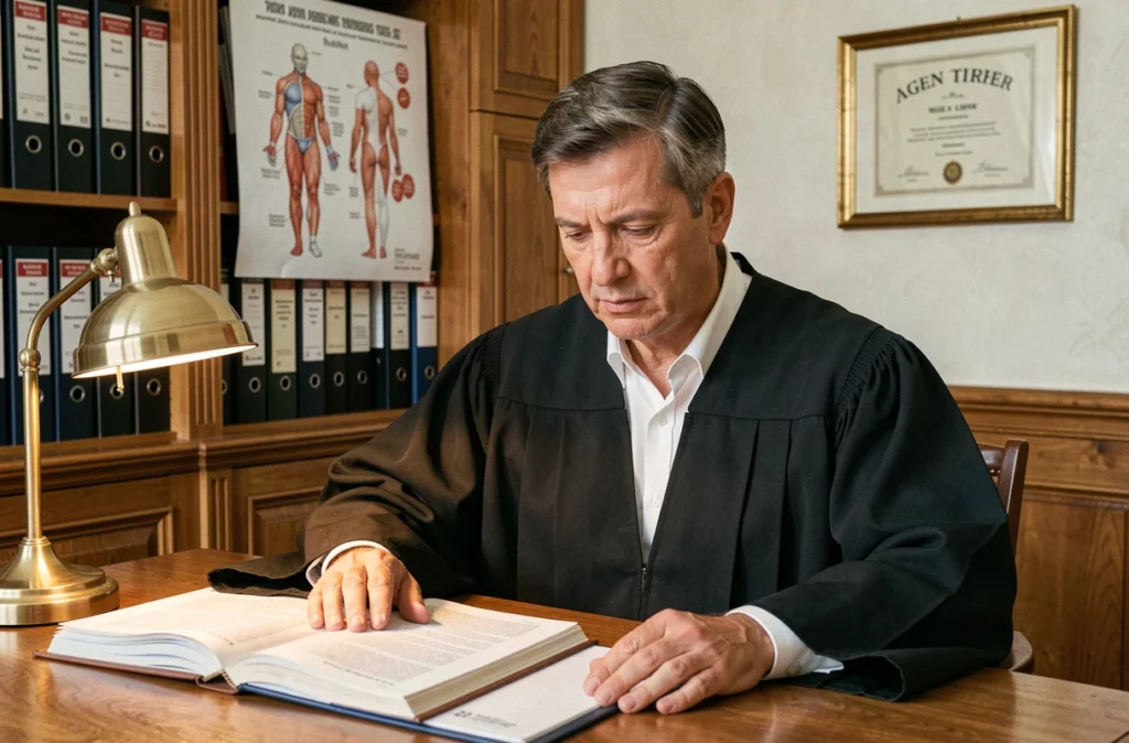 Avocat en robe noire consultant un dossier de dommage corporel dans un bureau calme à Agen, avec des classeurs juridiques et des références médicales en arrière-plan