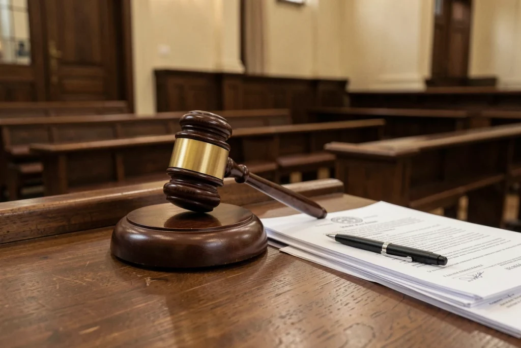 Marteau de juge et documents officiels sur le bureau d'un tribunal français symbolisant la procédure judiciaire pour vol à l'étalage
