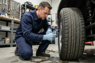 Mécanicien professionnel inspectant la profondeur de sculpture d'un pneu de voiture avec un outil de mesure dans un garage automobile