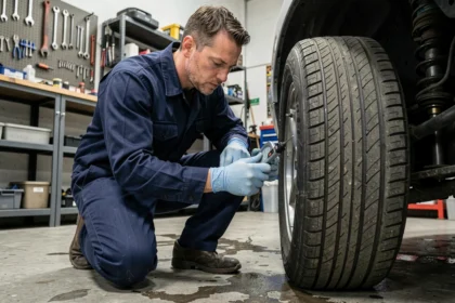 Mécanicien professionnel inspectant la profondeur de sculpture d'un pneu de voiture avec un outil de mesure dans un garage automobile