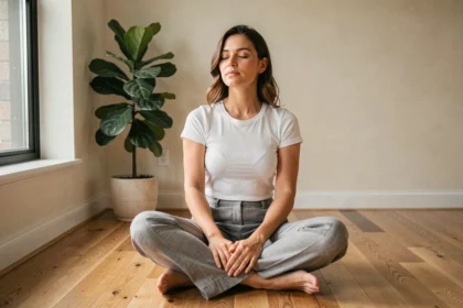 Femme pratiquant la méditation assise en tailleur sur un parquet en bois dans un appartement minimaliste et lumineux