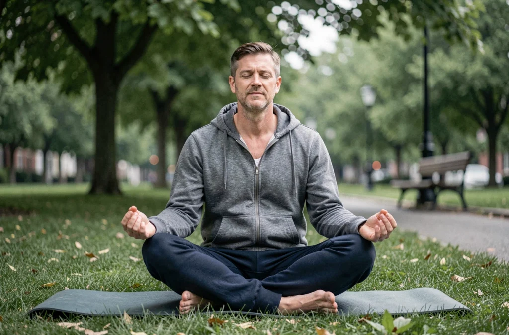 Homme méditant en plein air sur un tapis de yoga dans un parc urbain calme tôt le matin