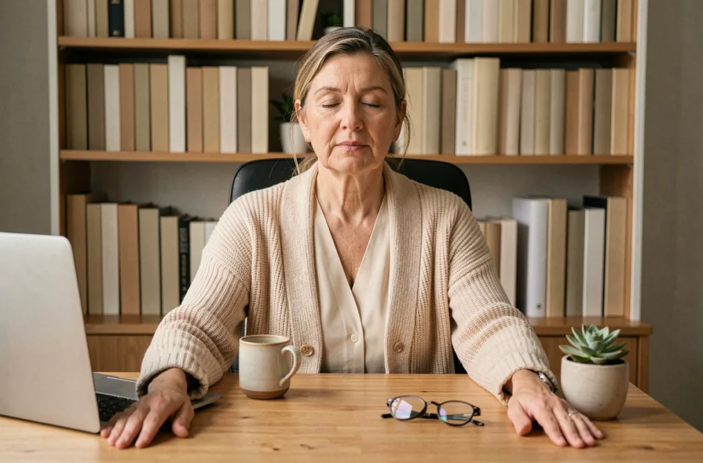 Femme mature faisant une pause méditation à son bureau de télétravail dans un bureau à domicile cosy
