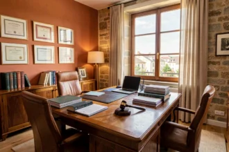 Vue d'ensemble d'un cabinet d'avocats en Lot-et-Garonne avec bureau en bois, livres juridiques et fenêtre donnant sur une ville aquitaine