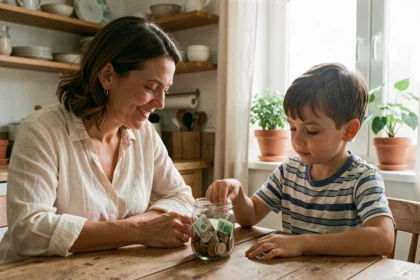 Mère expliquant la valeur de l'argent à son fils devant un bocal de pièces sur une table en bois dans une cuisine familiale