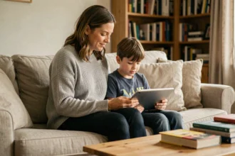 Mère et fils discutant calmement du temps d'écran devant une tablette dans le salon familial