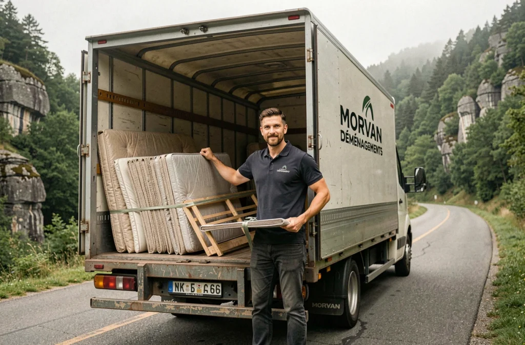 Déménageur Morvan Déménagements au pied d'un camion sur une route du Morvan