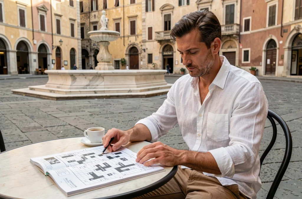 Homme résolvant des mots croisés avec des villes italiennes à quatre lettres dans une piazza typique